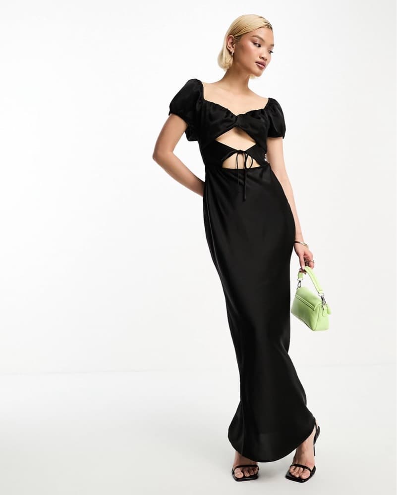 Elegant Black Maxi Dress with Puff Sleeves - Image 1