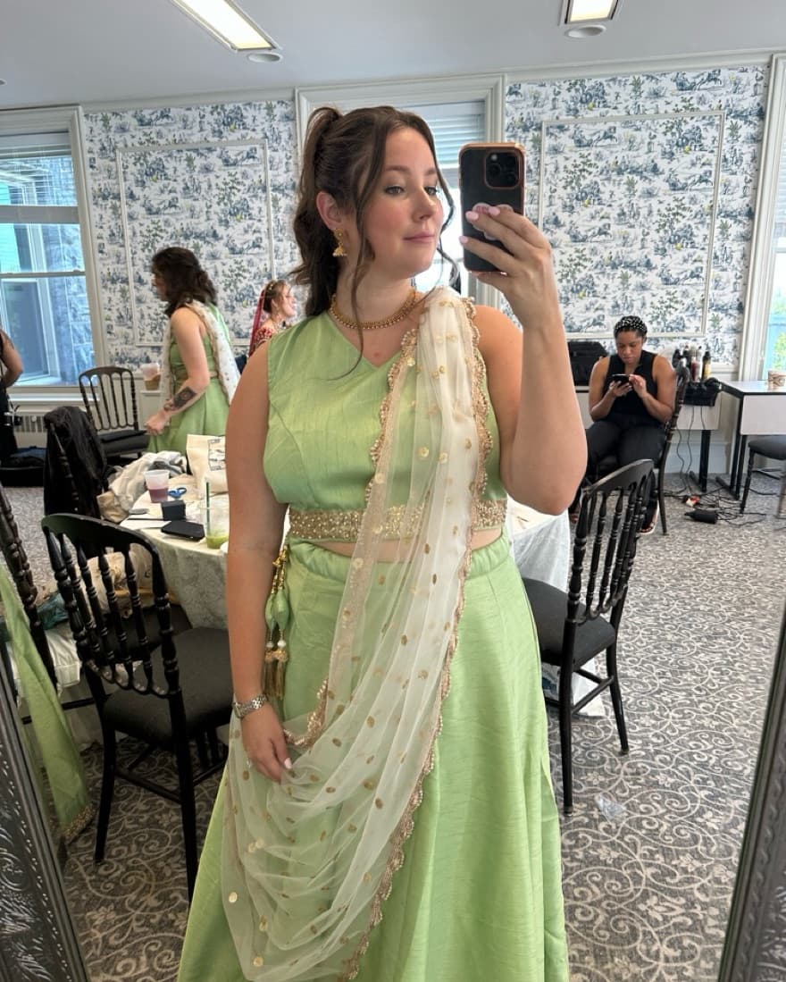 Vibrant Green and Gold Chiffon Lehenga Dress - Image 3