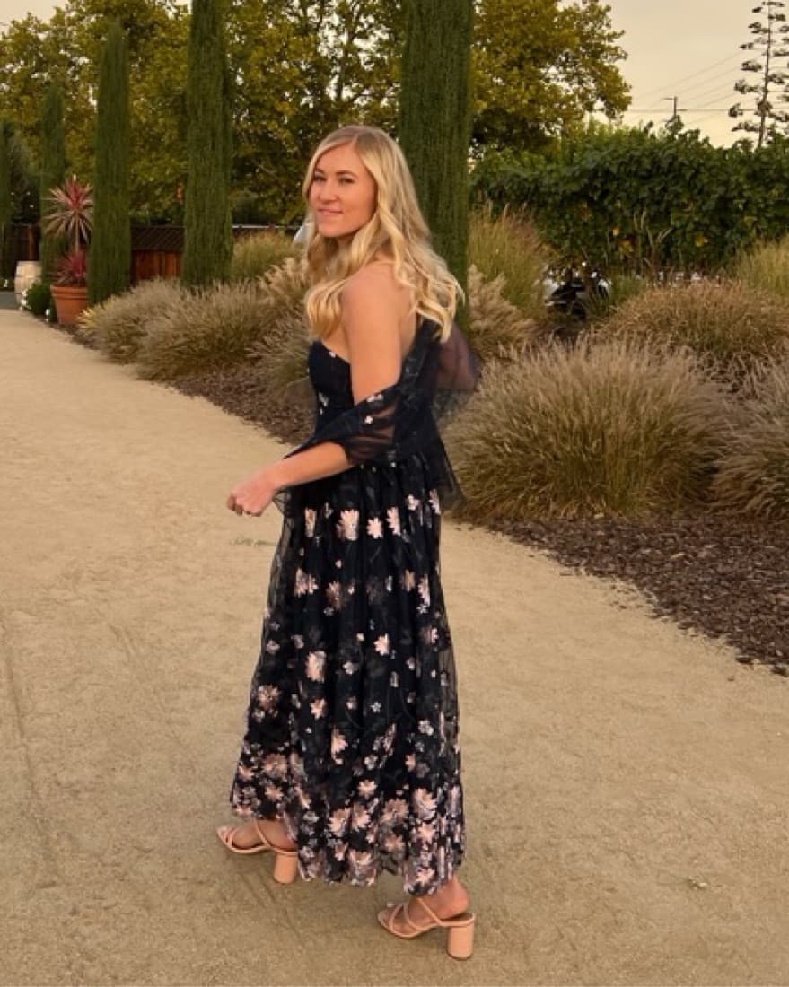 Navy Floral Lace Strapless Dress - Image 1