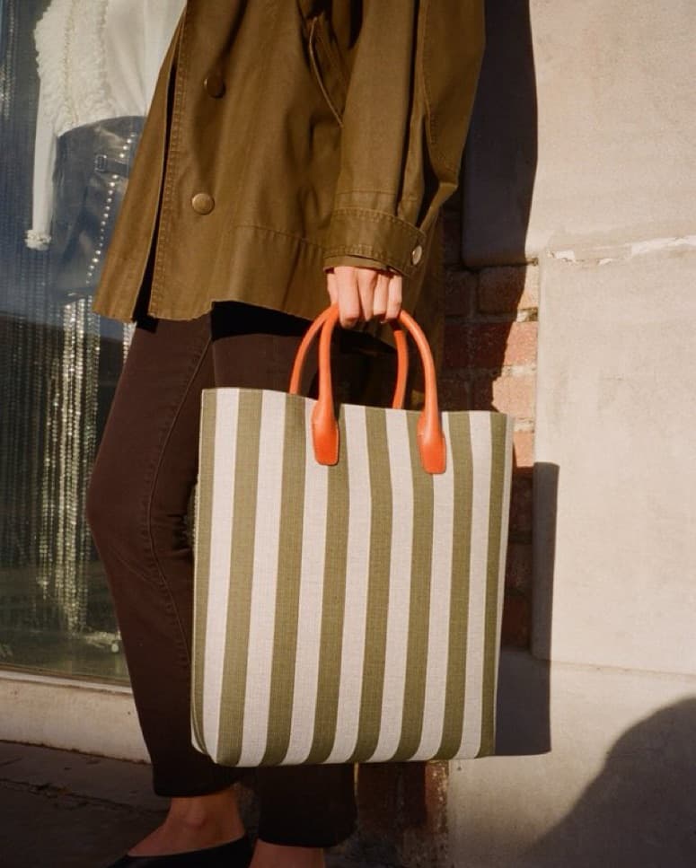 Green Striped Tote Bag Leather Handles - Image 1