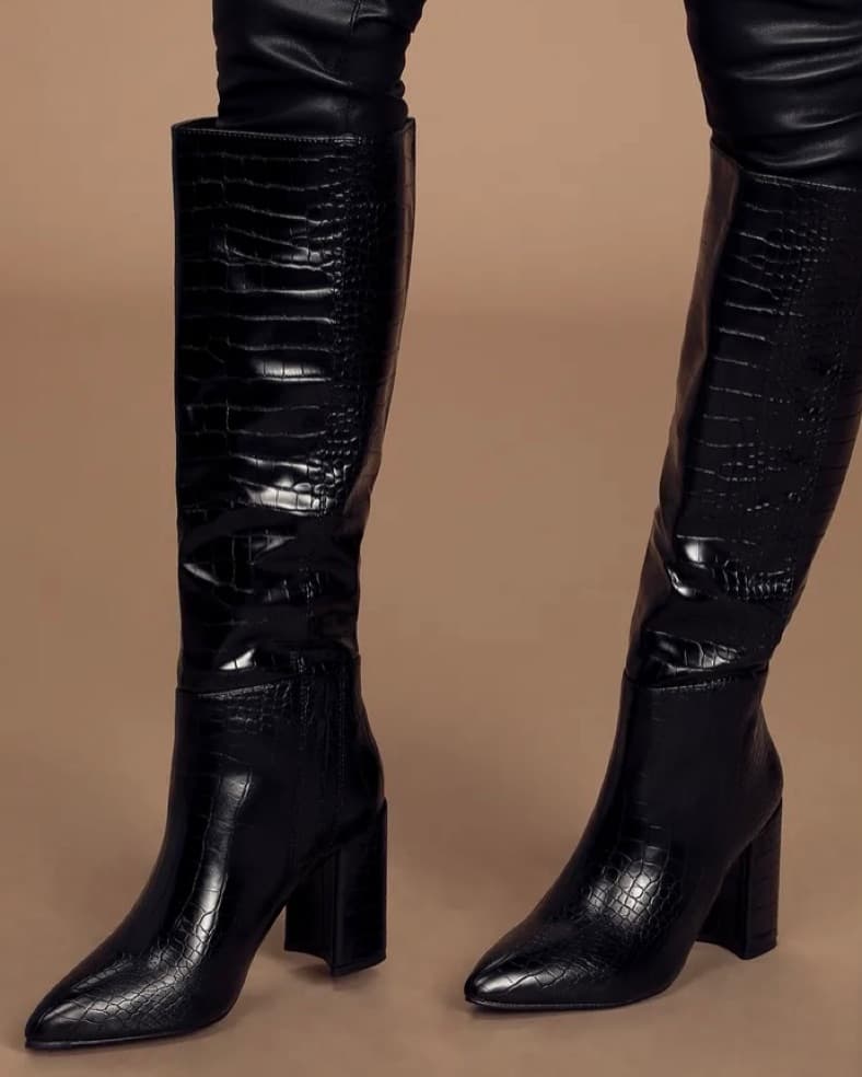 Black Croc Leather Knee High Heel Boots  - Image 2