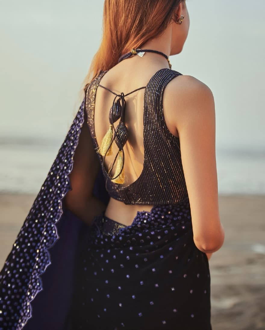 Monk & Mei Pre-draped Blue Velvet Saree - Image 5