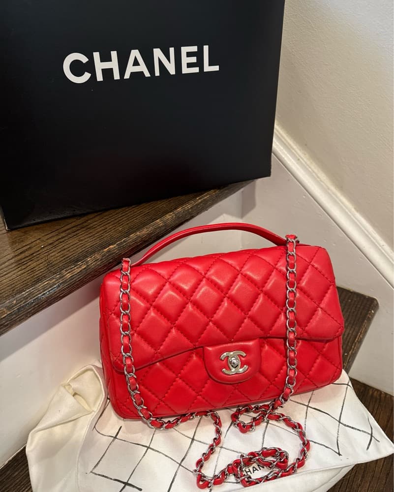 Authentic Chanel Red Lamskin Flap Bag  - Image 1
