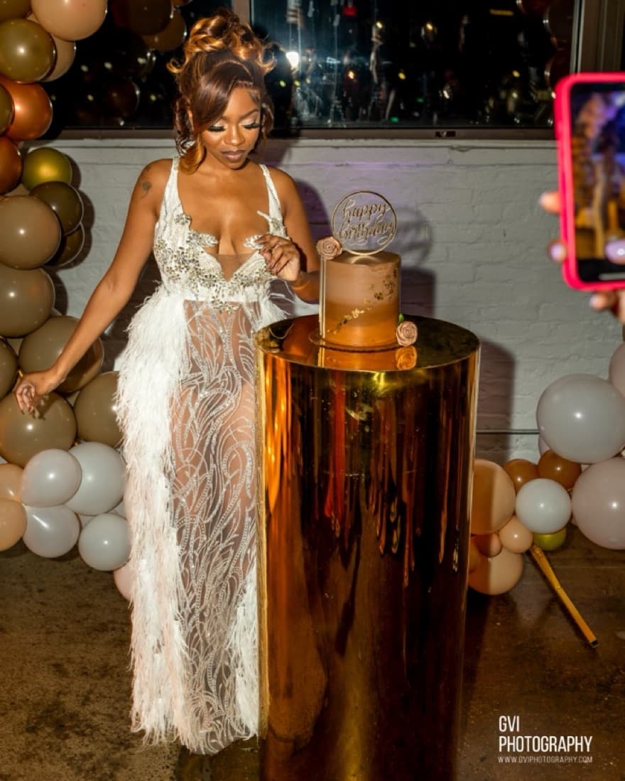 Custom Feather Trimmed Dress - Image 1