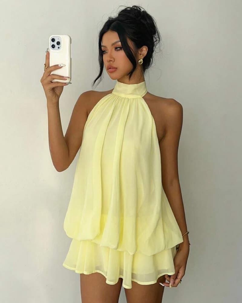 Light yellow high neck mini dress  - Image 4