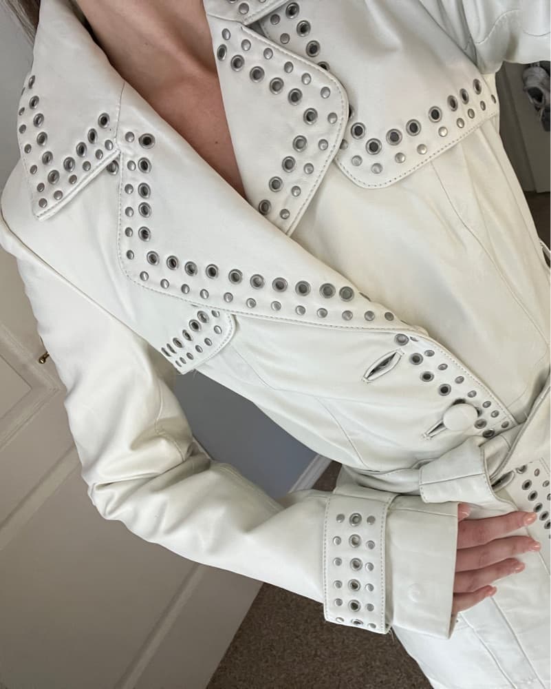 Studded White Leather Trench Coat - Image 3