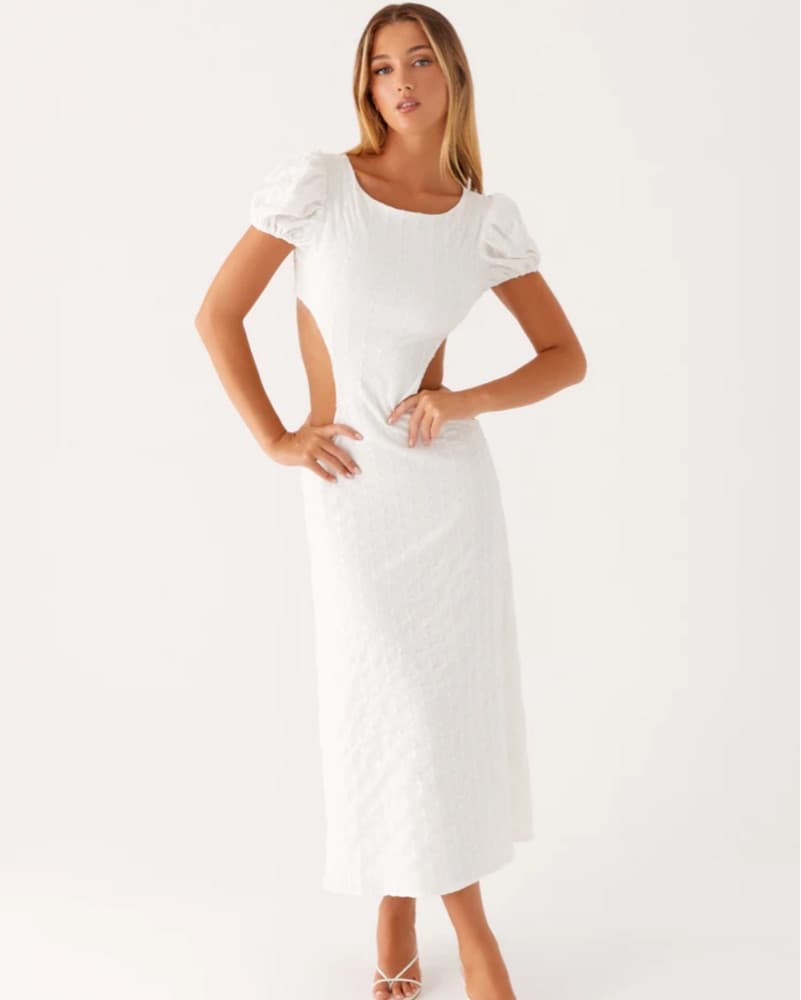 Midi White Cutout Dress Puff Sleeves - Image 1