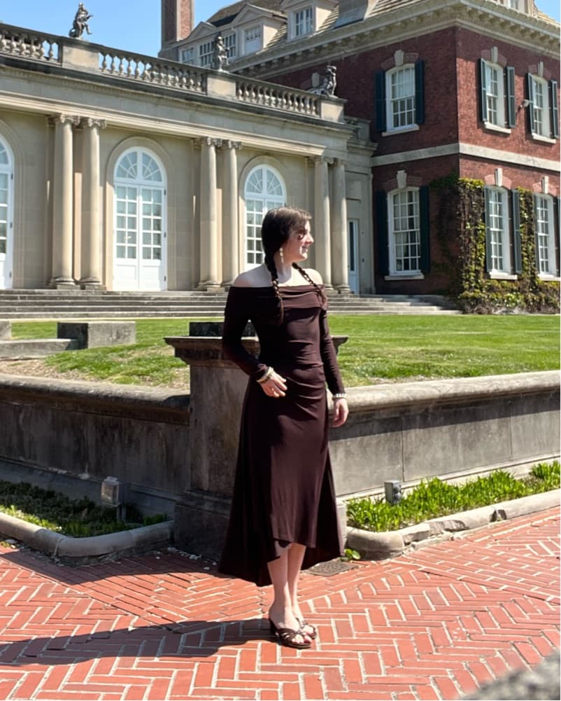 Elegant Off-Shoulder Chocolate Brow Gown - Image 2