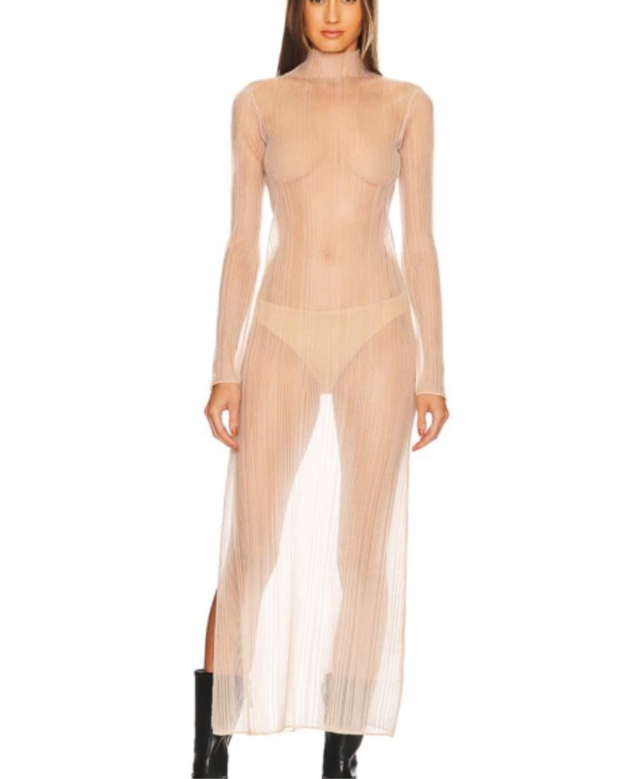 Olicia Sheer Maxi Mock Neck Dress in Nud - Image 4