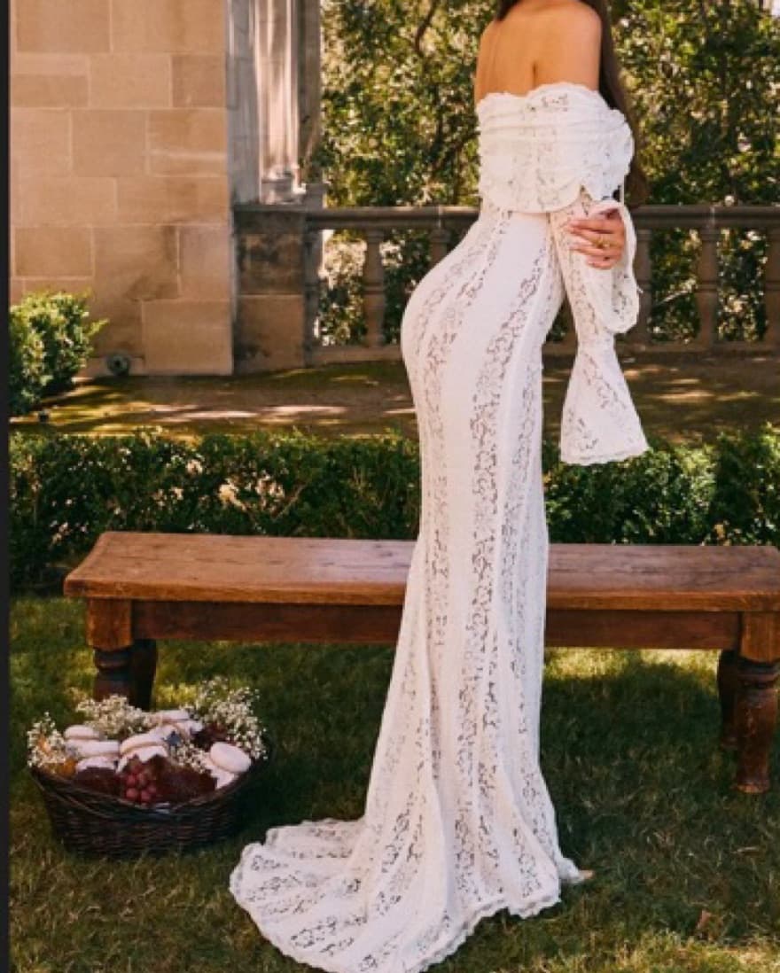 VINTAGE CREAM FLORAL LACE OFF SHOULDER M - Image 5