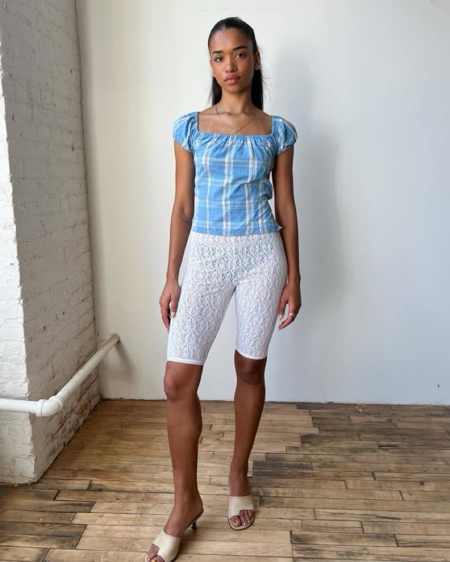 90’s Blue Plaid Open Back Lace Up Top - Image 1