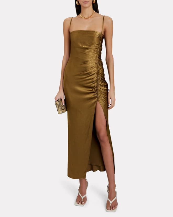 Shona Joy Olive Green Satin Midi Dress - Image 2