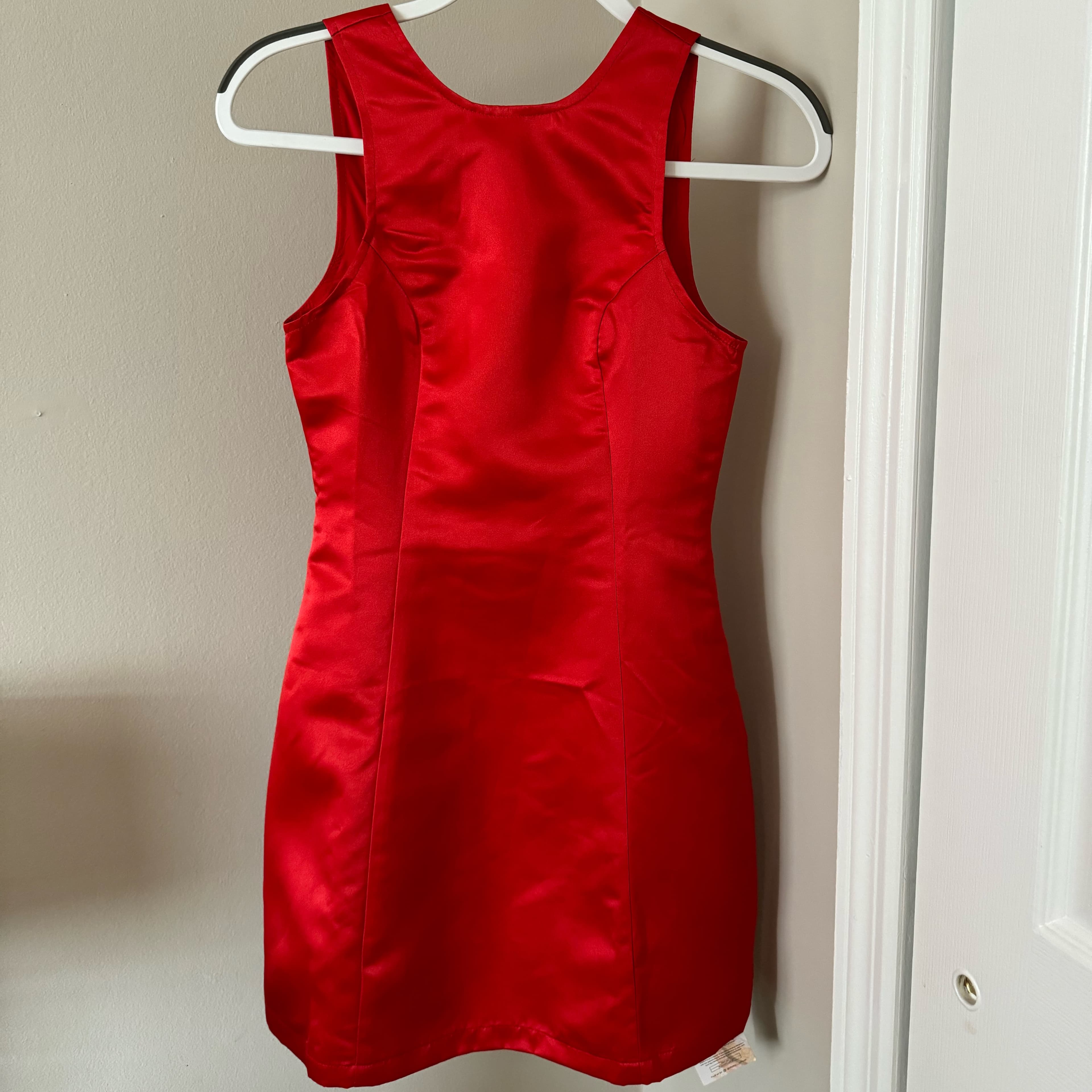 Red Satin High Neck Open Back Dress - Image 5