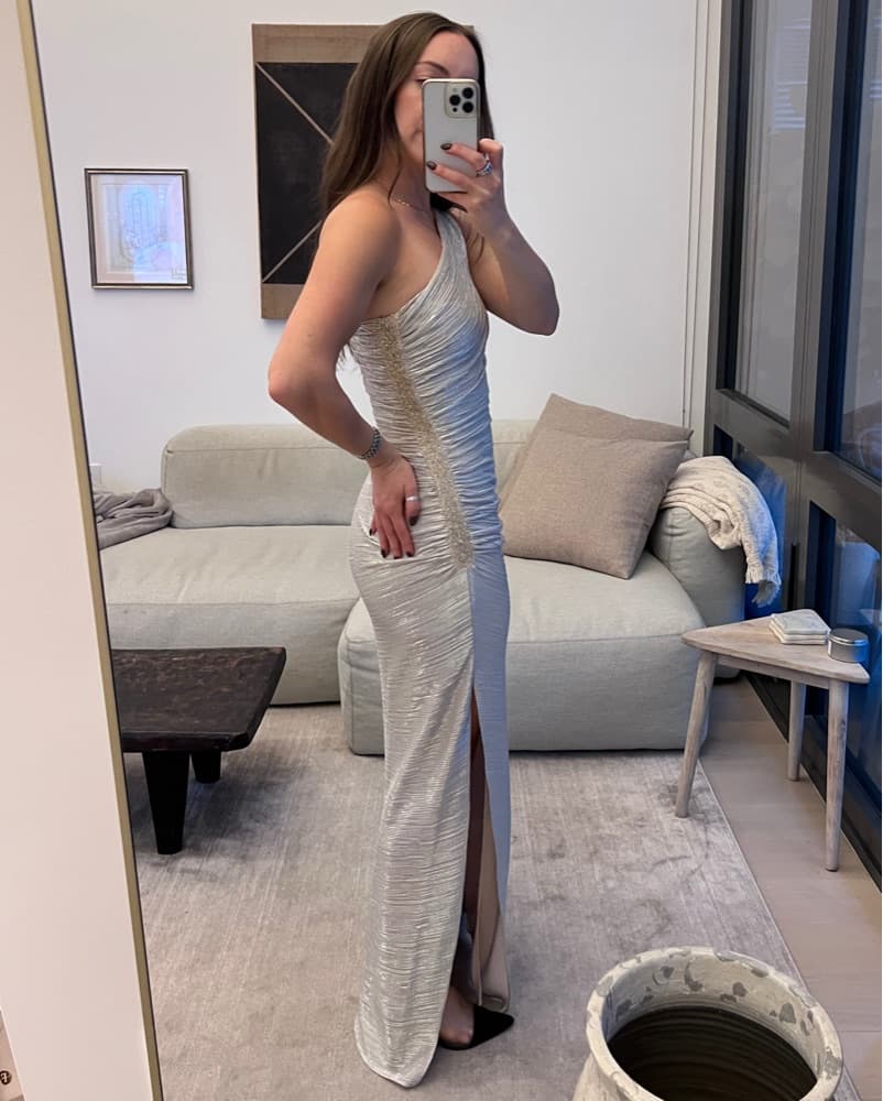 Formal One Shoulder Silver Dress - Image 2