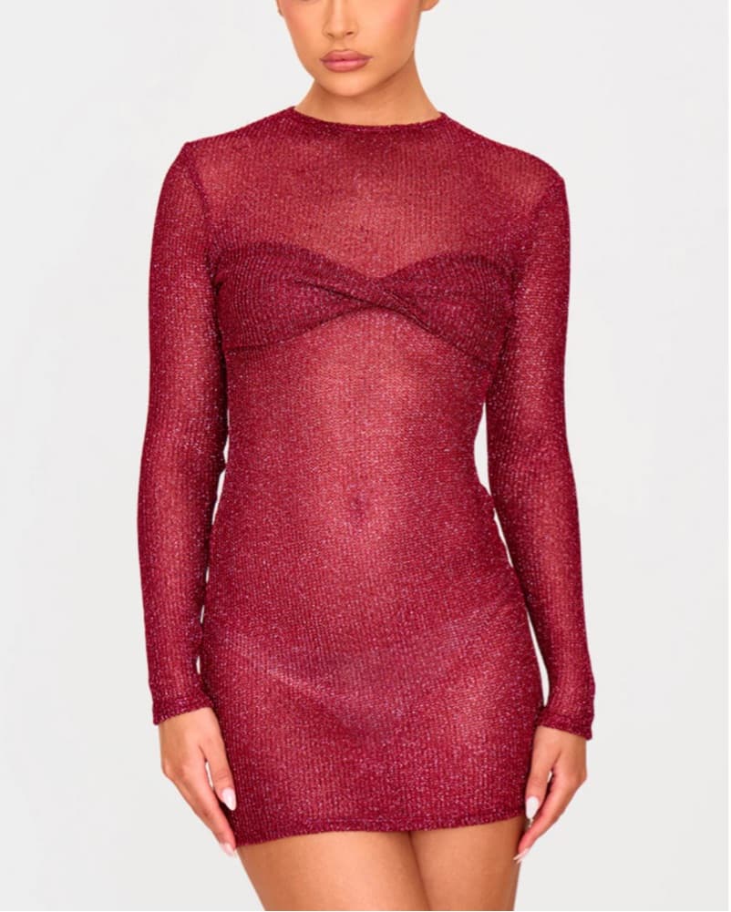 Long Sleeve Sheer Red Mini Dress - Image 1