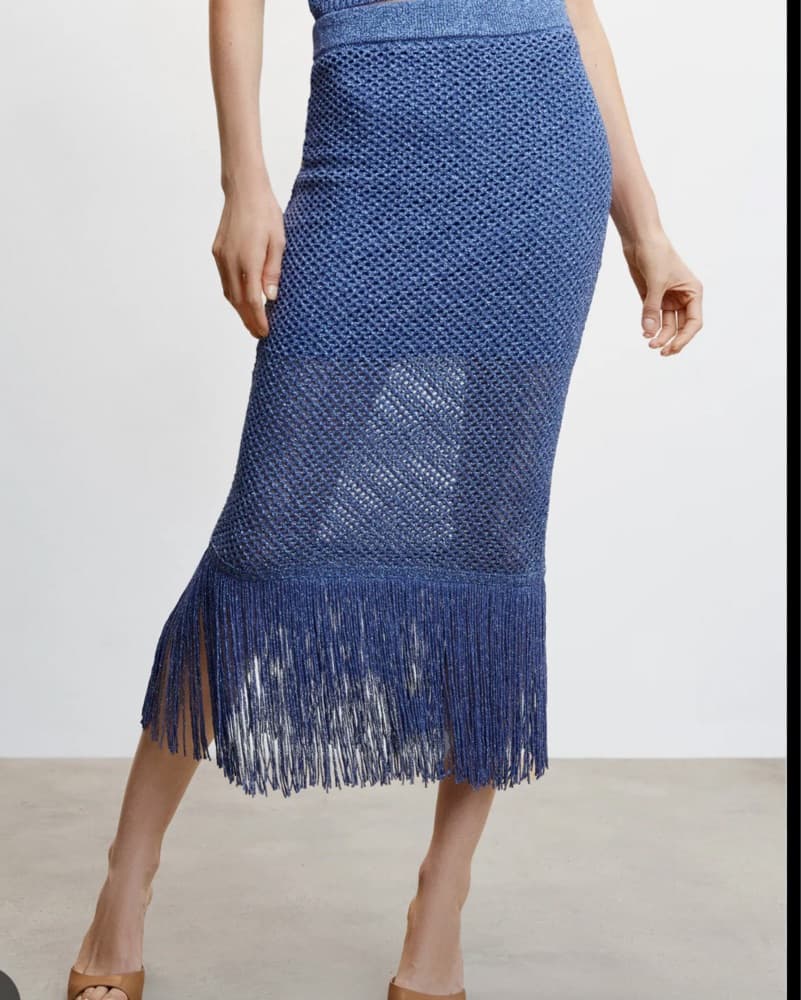 Sparkling Blue Fringed Detail Midi Skirt - Image 6