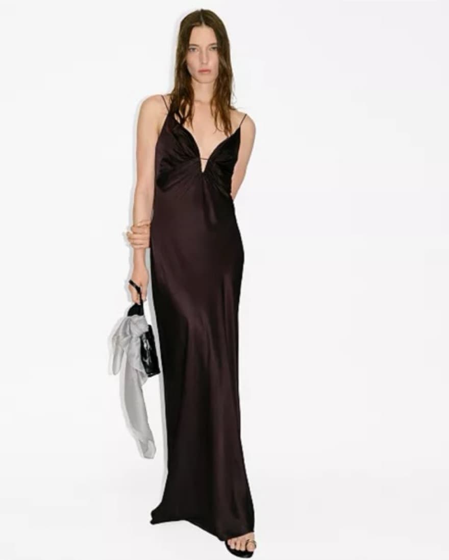Women's Gathered V-Neckline Satin Dress - Image 1