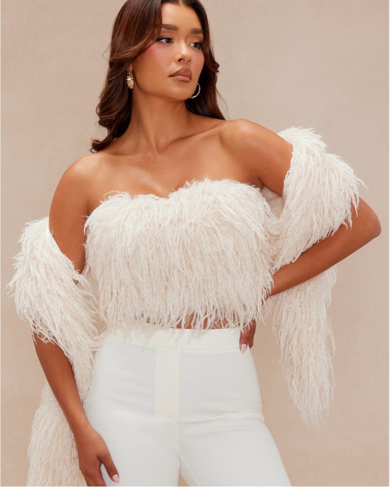 Elegant Feathered White Ensemble - Image 1
