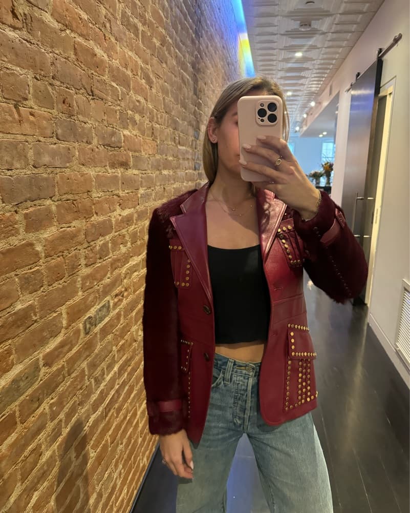 Studded Burgundy Leather Jacket - Image 1