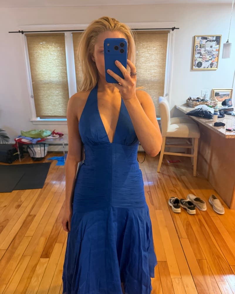 AMUR Blue Ruched Halter Midi Dress - Image 5