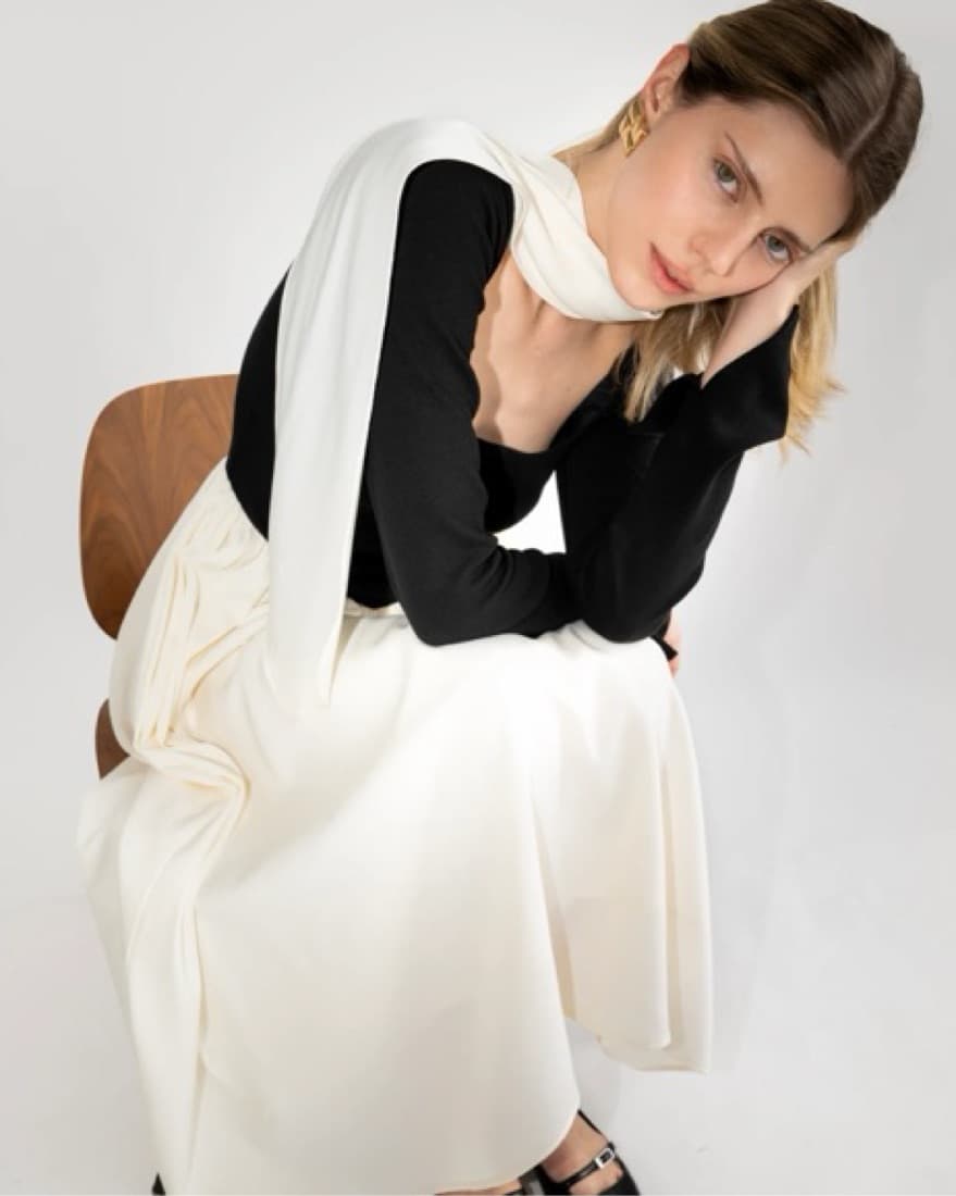 Elegant Drop Waist Midi Dress w Scarf - Image 2