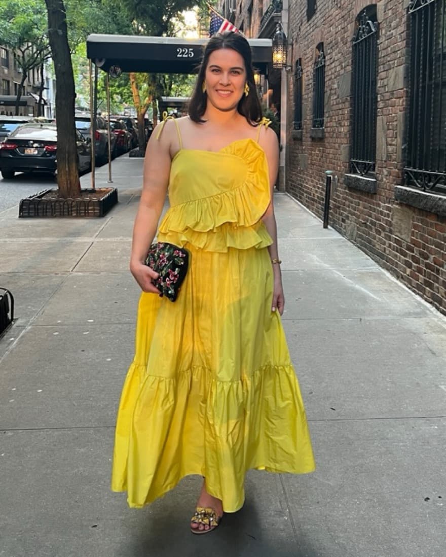 Yellow tea-length gown w/ ruffle detail - Image 1