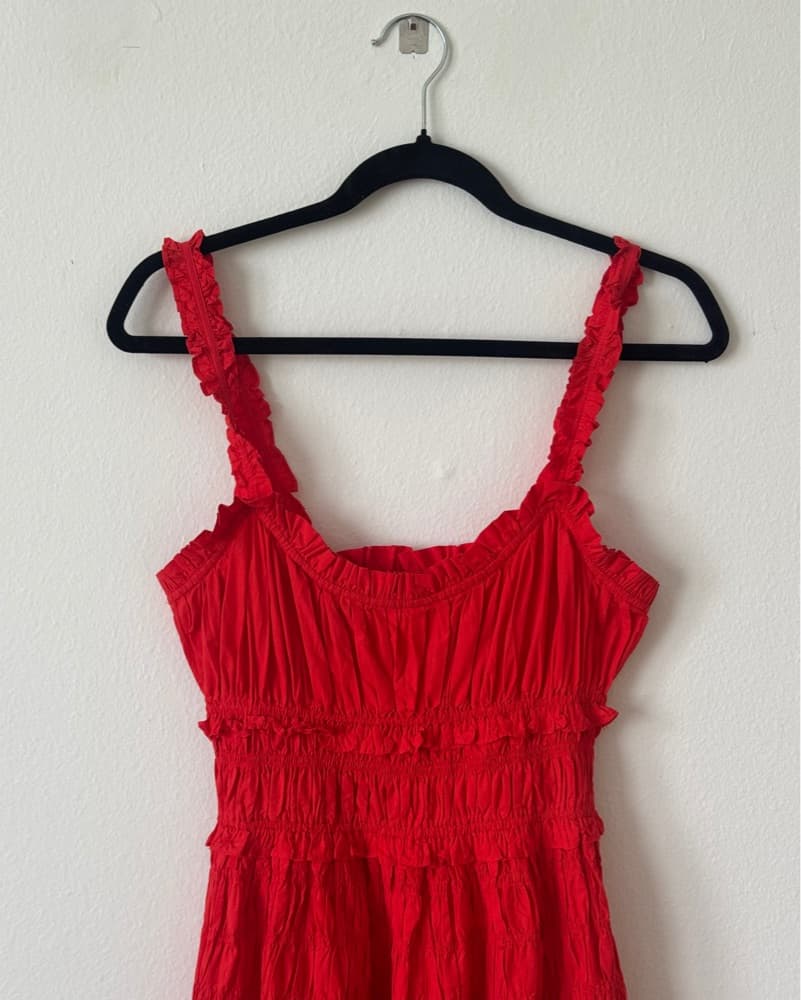 Dôen Red Shirred Poplin Midi Dress - Image 3