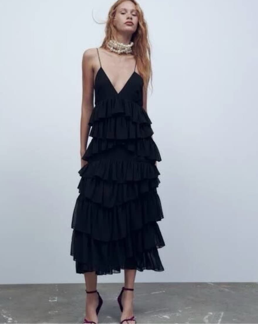 Zara Black Ruffle Midi Dress - Image 2