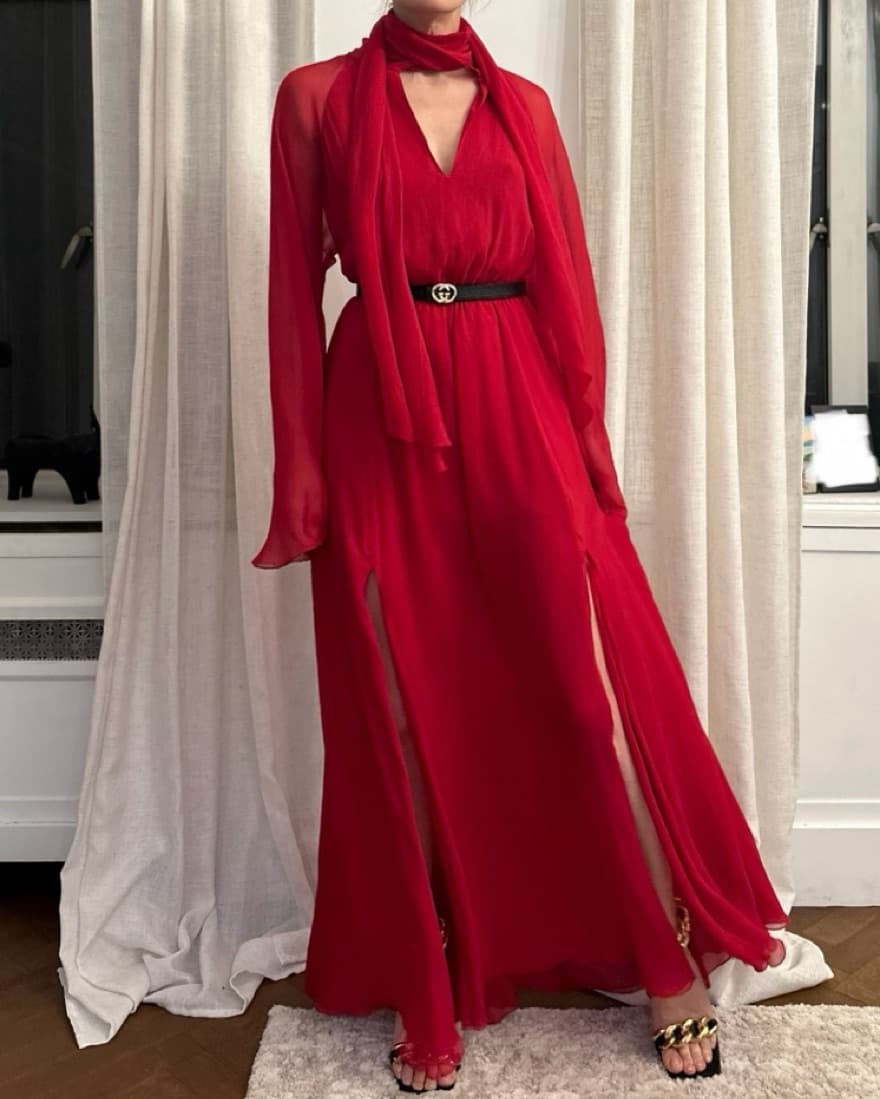 Flawing Red Silk Chiffon Maxi Dress - Image 4