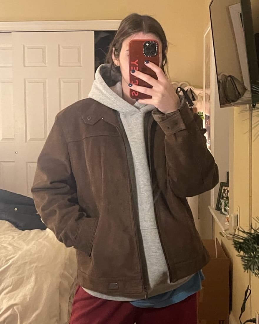 Brown Suede Bomber Jacket Coat - Image 2