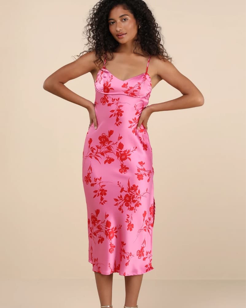 Pink Floral Print Tie-Back Midi Dress - Image 4