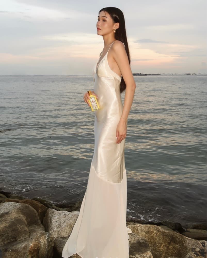 Meshki Evelyn Iridescent Satin Maxi Dress Cream - Image 4