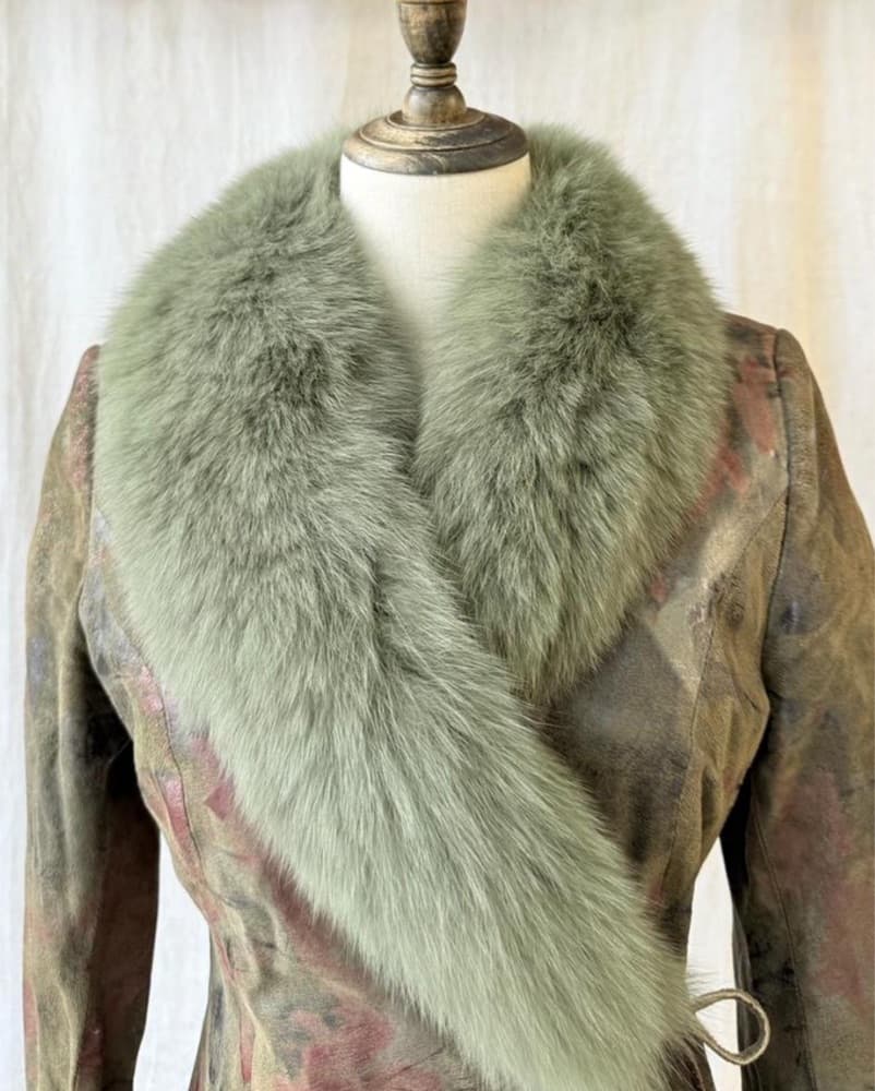 Vintage Sage Green Faux Fur Trim Jacket - Image 2