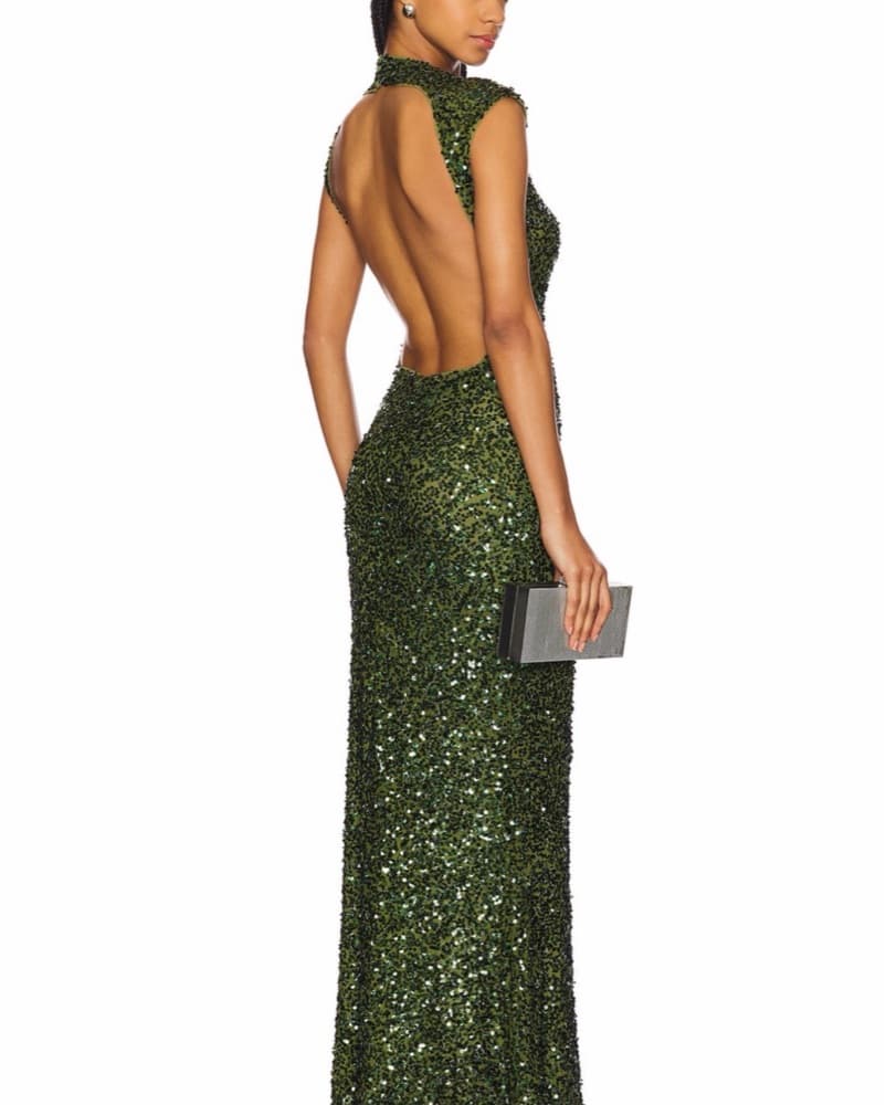 Green Sequin Black Tie Gown  - Image 1