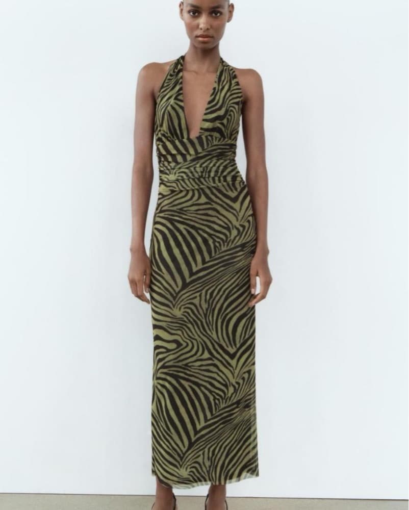 Zara Green Zebra Halter Maxi Dress - Image 1