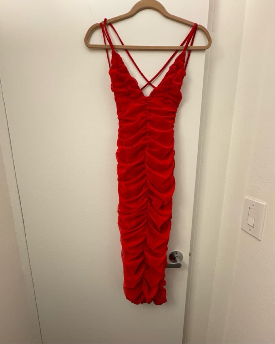 Michael Costello Ruched Red Midi Dres - Image 4