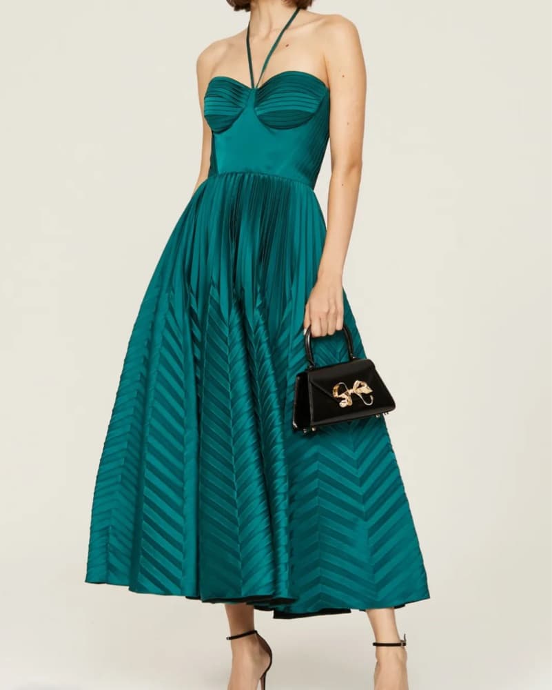 Marchesa Notte Green Pleated Midi Dress - Image 1