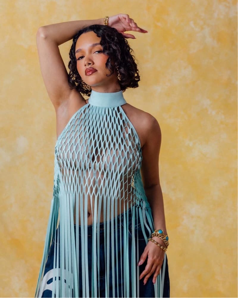 YUMI FAUX SUEDE LASER CUT TOP - BABY BLU - Image 1