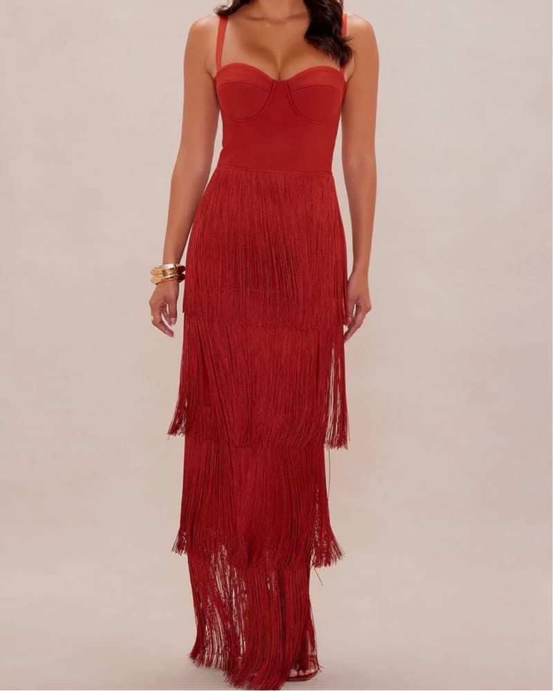 Radiant Red Fringed Maxi Dress - Image 1
