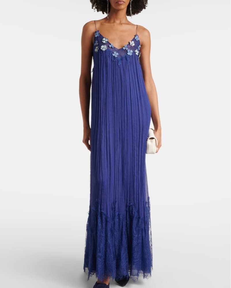 Costarellos Blue Appliqué Lace Gown - Image 1