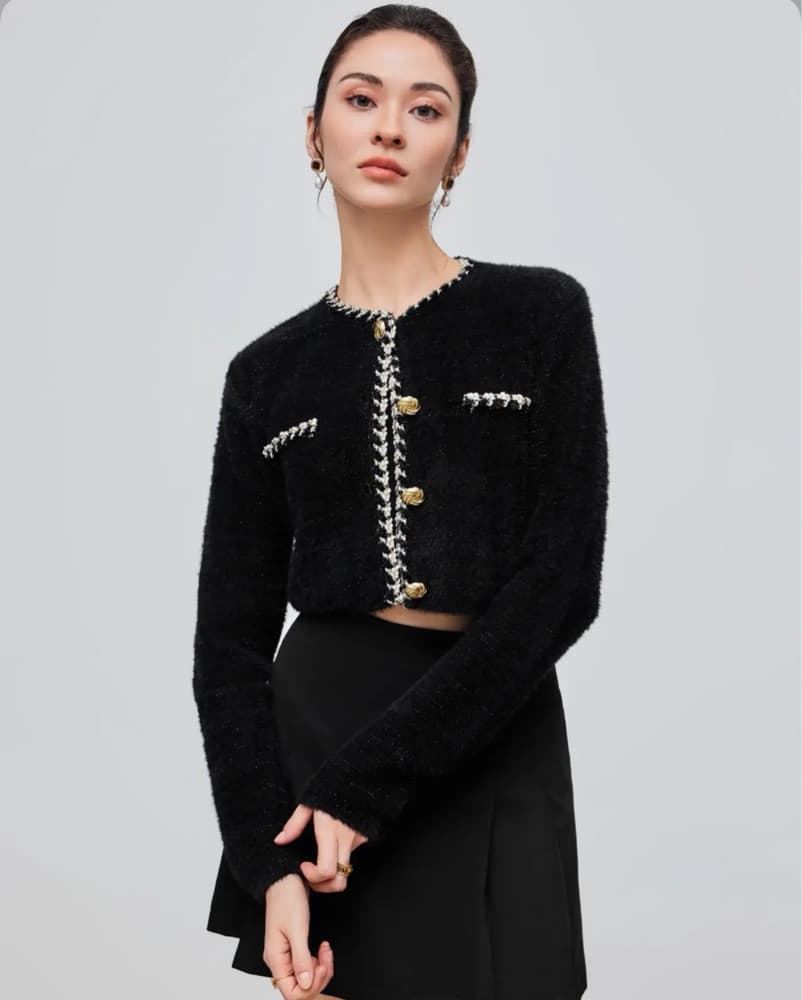 Black Cropped Knit Cardigan with Gold Bu - Image 1