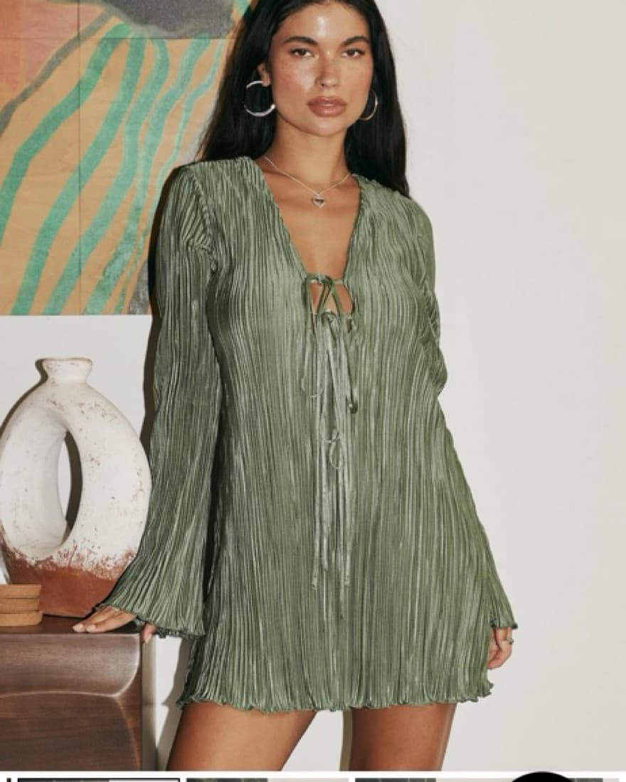 Pleated Olive Green Mini Dress - Image 1