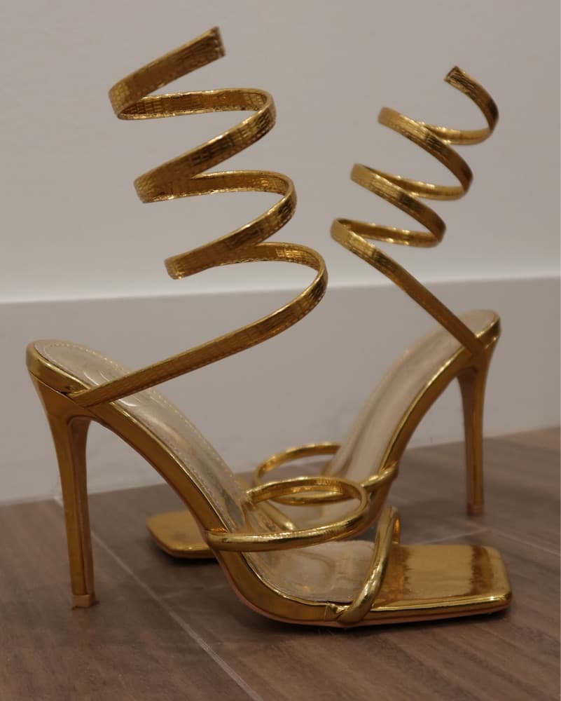 Glamorous Gold Tie Leg Stiletto Heels - Image 2