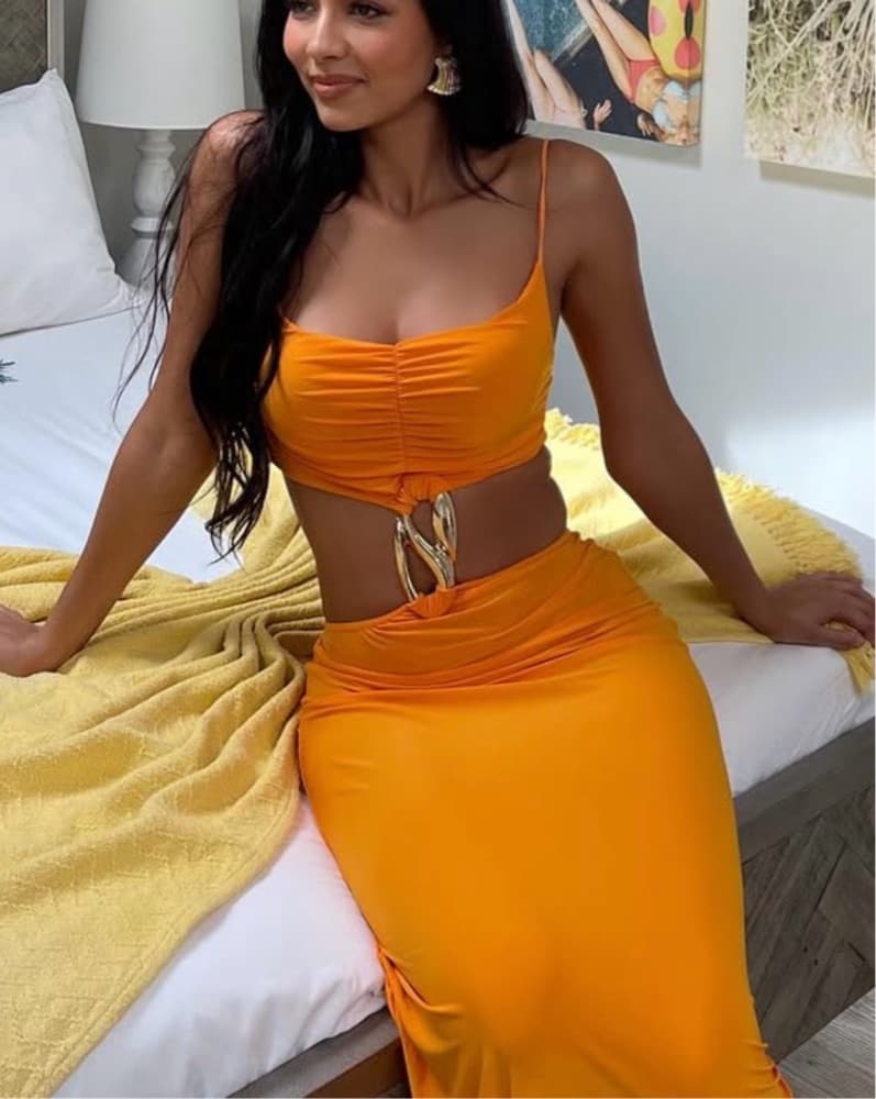 Vibrant Orange Ruched Crop Top and Midi Skirt Set - Image 2