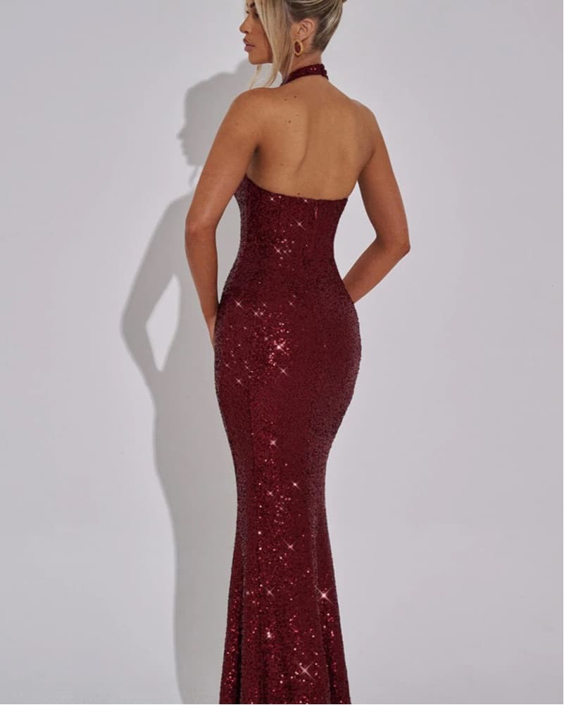 Stunning Burgundy Sequin Halter Gown - Image 6