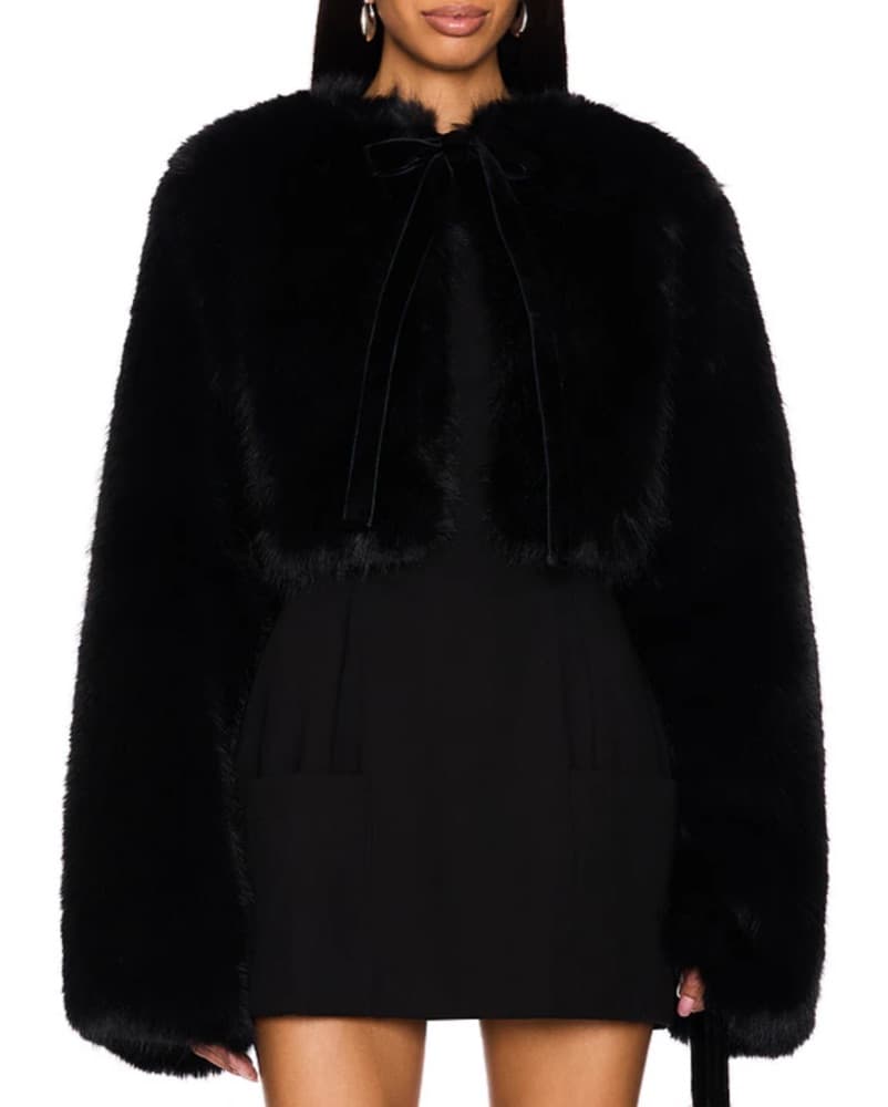 GUIZIO Black Faux Fur Jacket with Bow - Image 2