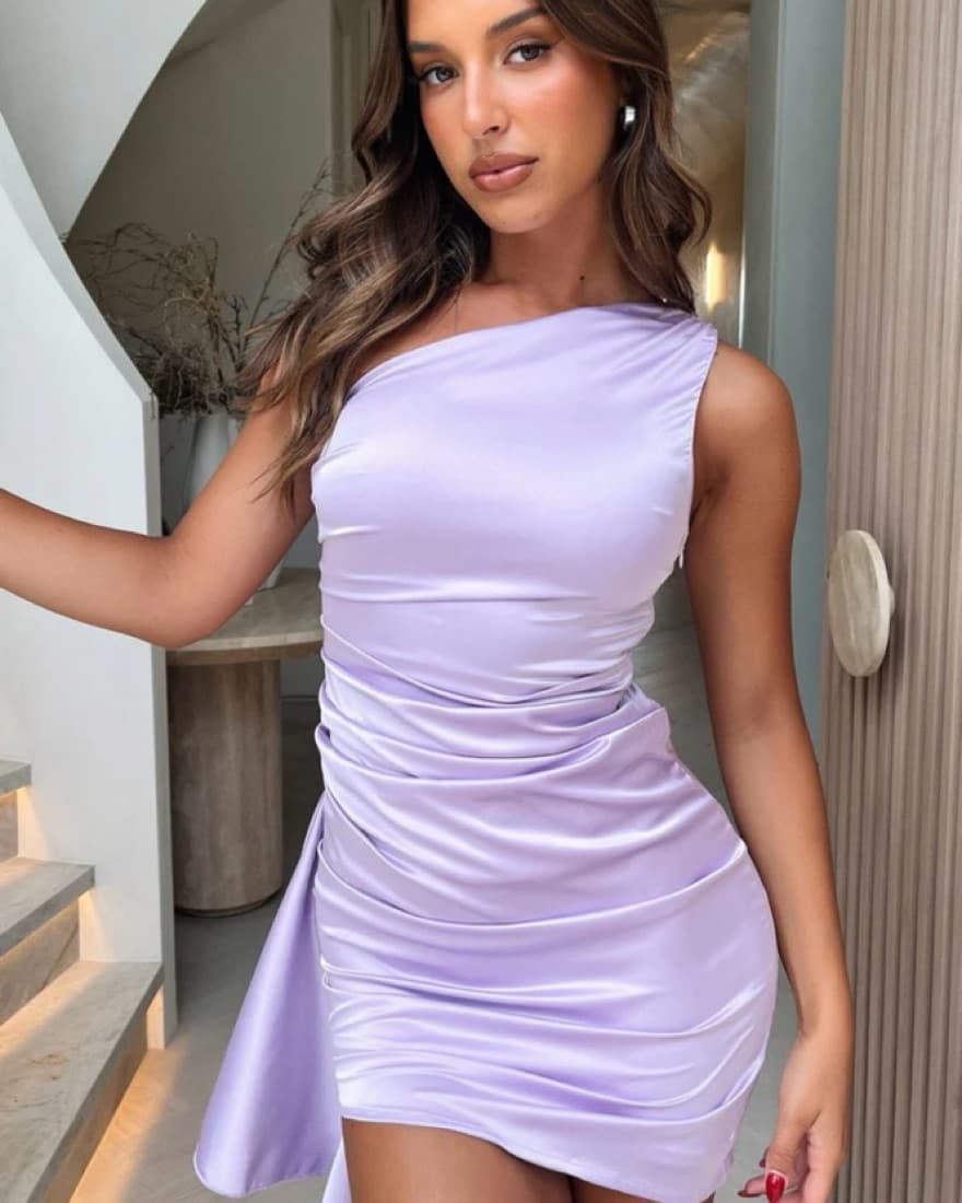 Lilac One Shoulder Mini Satin Dress - Image 2