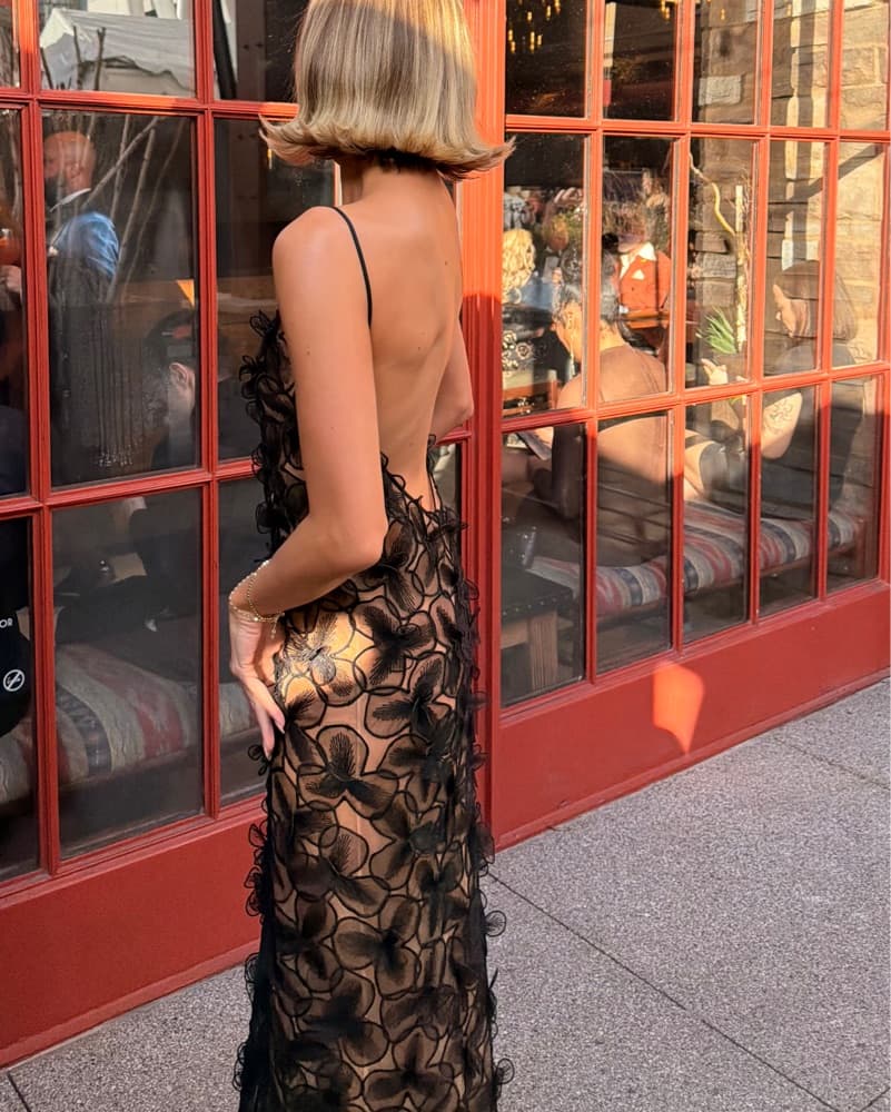 Flower Embroidered Sheer Backless Gown - Image 5