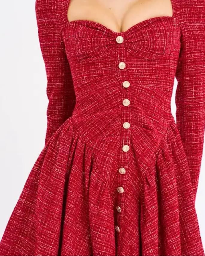 Miss Circle Red Long Sleeve Tweed Dress - Image 2
