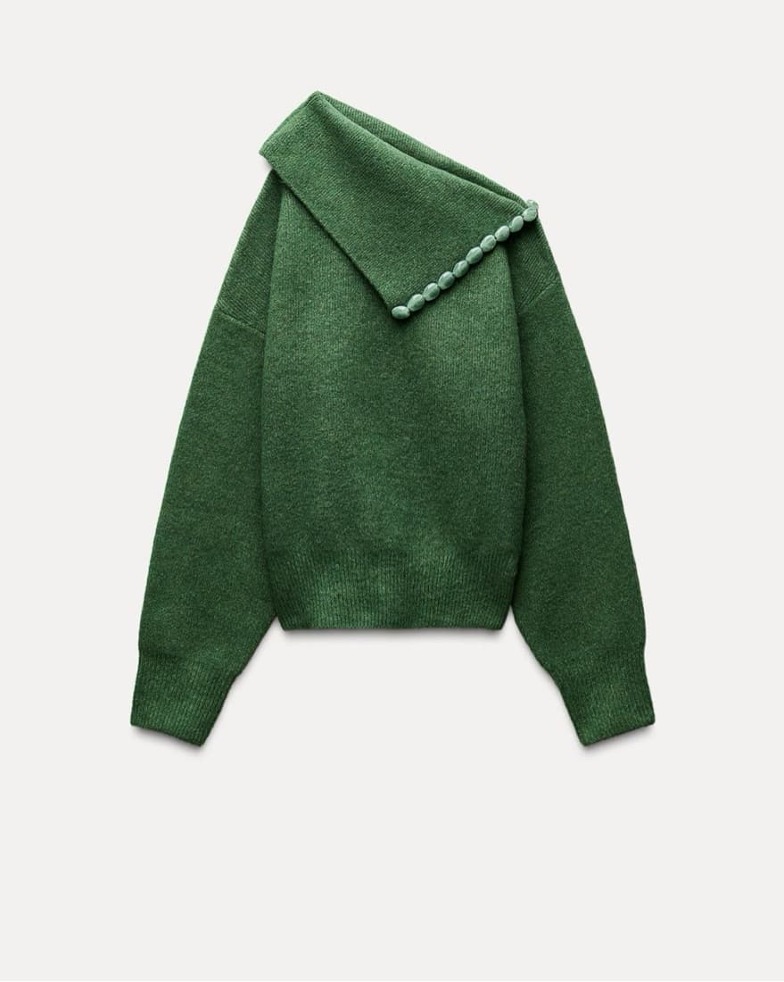 Green One Shoulder Sweater With Gems - Image 2